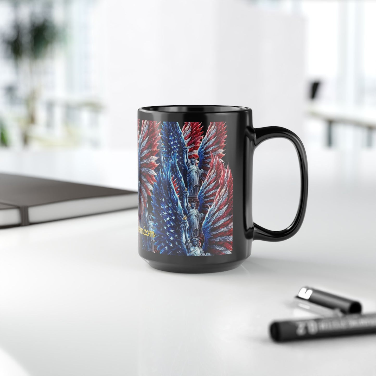 Patriotic Angel Wings 15oz Black Mug — Statue of Liberty & American Flag Design