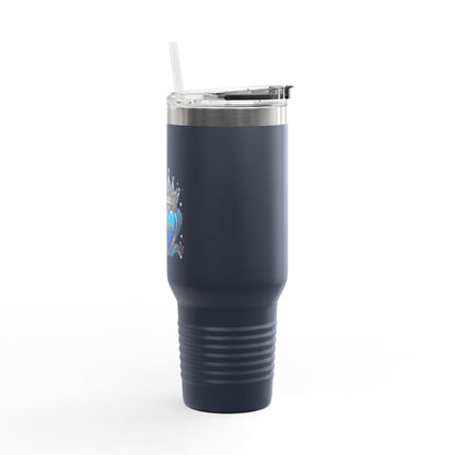 40oz Insulated Travel Mug — Blue Heart Floral Design, Spill‑Resistant Stainless Tumbler
