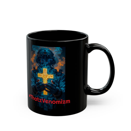 ThatzVenomizm Black Ceramic Mug (11oz/15oz) — Dark Religious Cross Design for Gothic Coffee Lovers