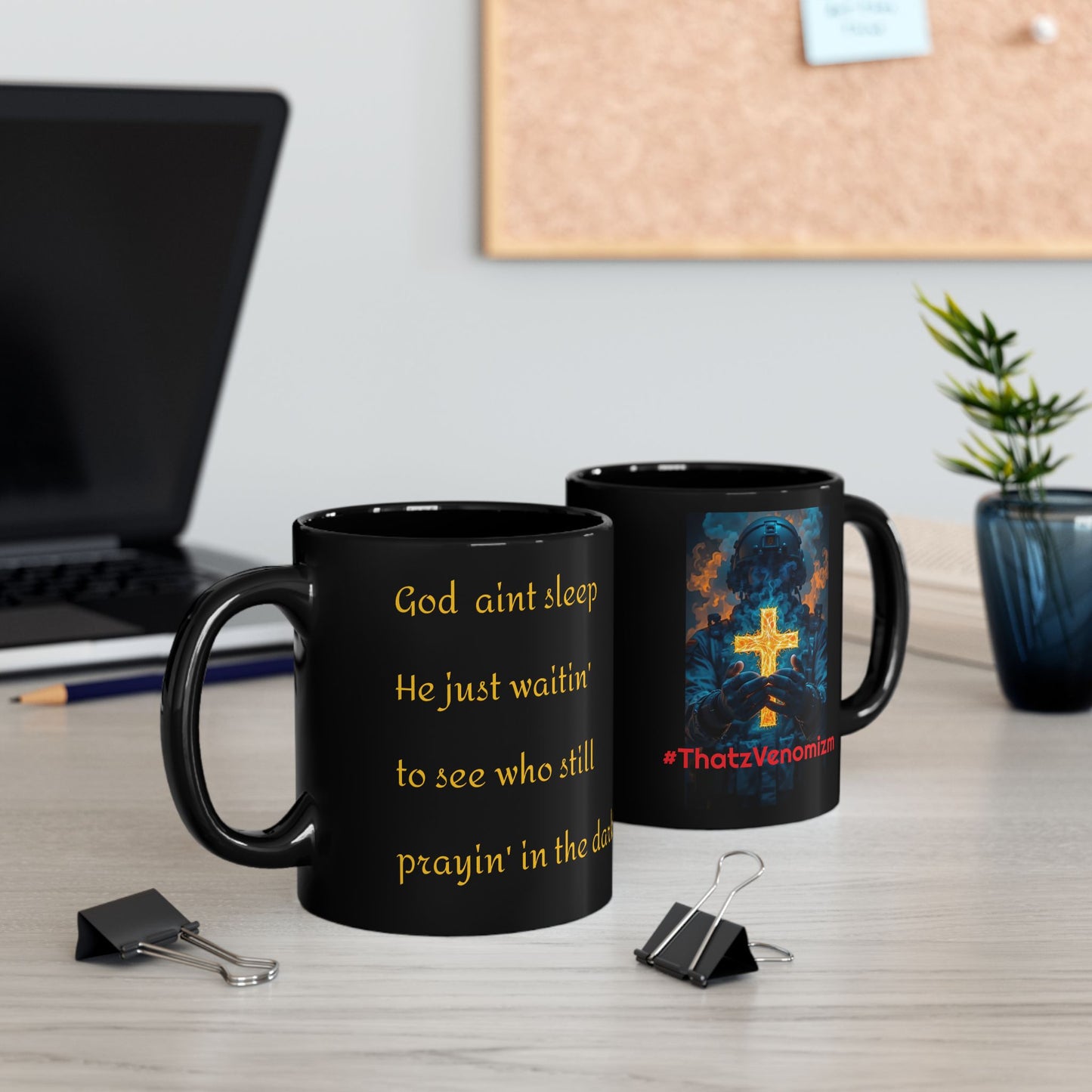 ThatzVenomizm Black Ceramic Mug (11oz/15oz) — Dark Religious Cross Design for Gothic Coffee Lovers