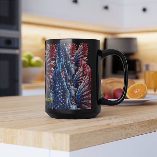 Patriotic Angel Wings 15oz Black Mug — Statue of Liberty & American Flag Design