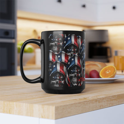 American Flag Skull Mug — 15oz Black Patriotic Coffee Cup