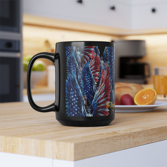 Patriotic Angel Wings 15oz Black Mug — Statue of Liberty & American Flag Design