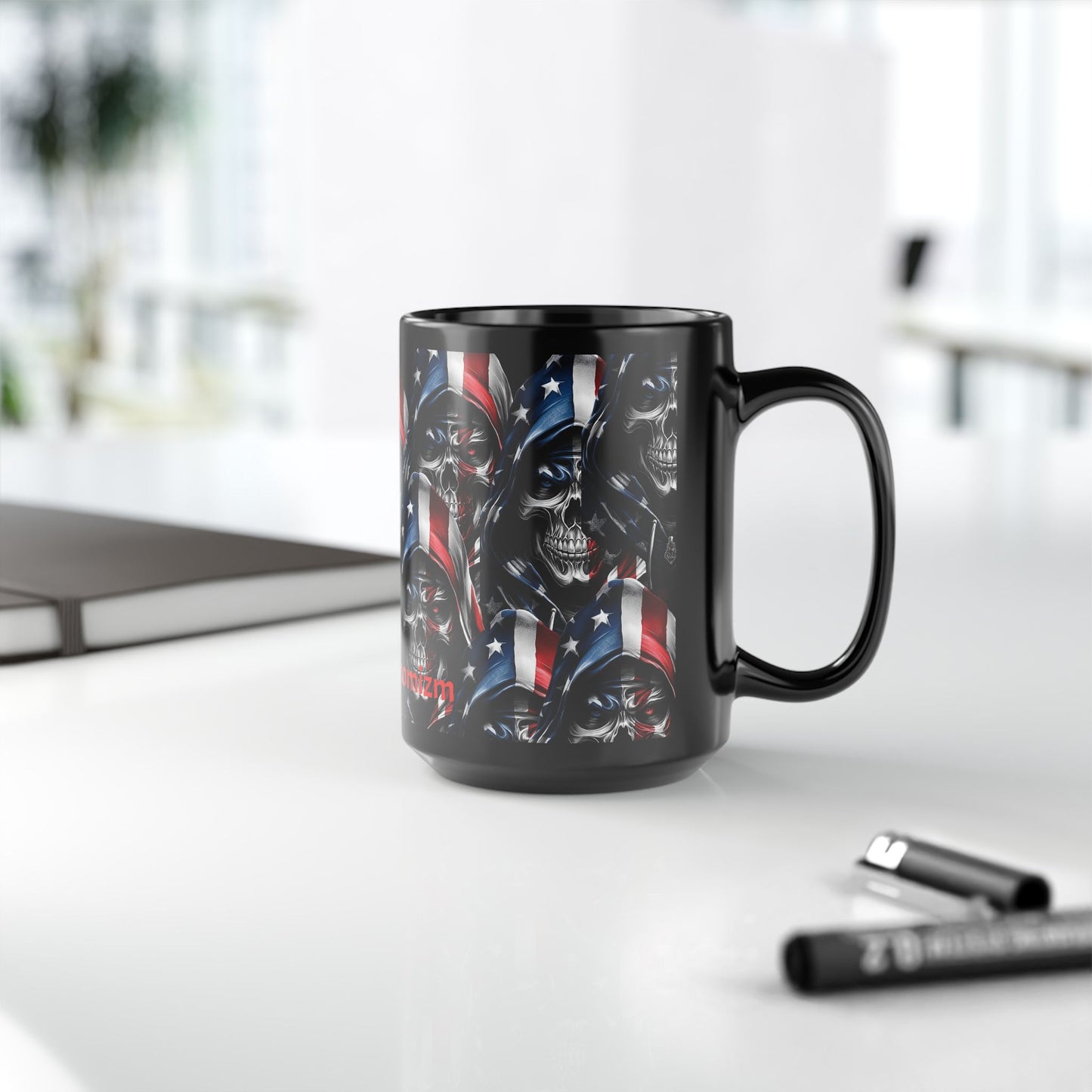 American Flag Skull Mug — 15oz Black Patriotic Coffee Cup