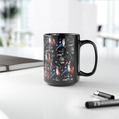 American Flag Skull Mug — 15oz Black Patriotic Coffee Cup