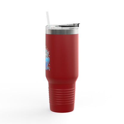 40oz Insulated Travel Mug — Blue Heart Floral Design, Spill‑Resistant Stainless Tumbler