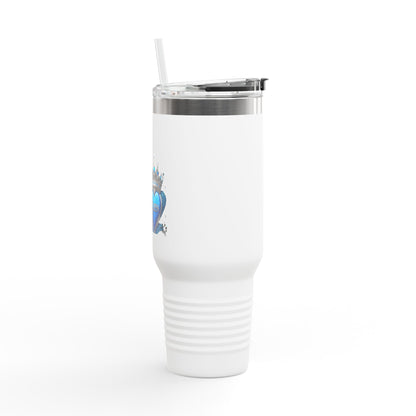 40oz Insulated Travel Mug — Blue Heart Floral Design, Spill‑Resistant Stainless Tumbler