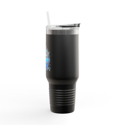 40oz Insulated Travel Mug — Blue Heart Floral Design, Spill‑Resistant Stainless Tumbler