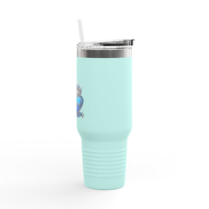 40oz Insulated Travel Mug — Blue Heart Floral Design, Spill‑Resistant Stainless Tumbler