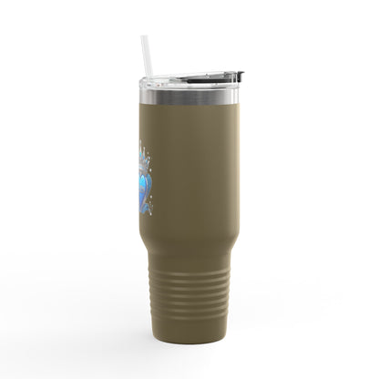 40oz Insulated Travel Mug — Blue Heart Floral Design, Spill‑Resistant Stainless Tumbler
