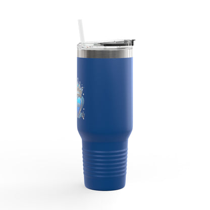 40oz Insulated Travel Mug — Blue Heart Floral Design, Spill‑Resistant Stainless Tumbler