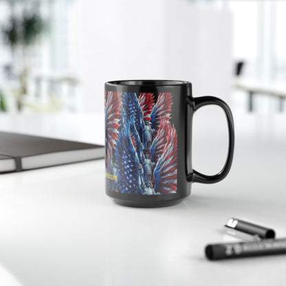 Patriotic Angel Wings 15oz Black Mug — Statue of Liberty & American Flag Design