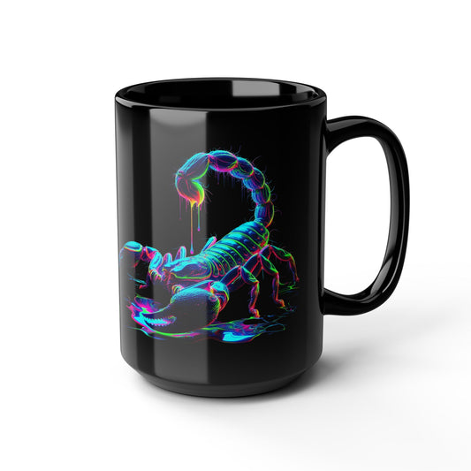 Neon Scorpion Black Mug — 15oz Glitch Art Coffee Cup