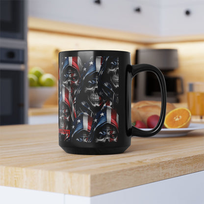 American Flag Skull Mug — 15oz Black Patriotic Coffee Cup
